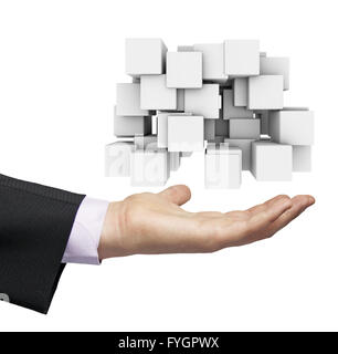 abstract cubes for conceptual use over a businessman hand isolated on white background Stock Photo