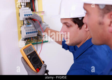 Two technical engineers checking electrical equipment