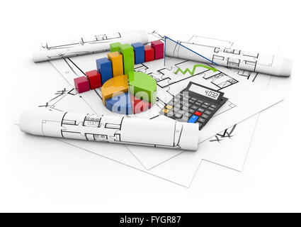 real estate project concept: calculator and colorful graphics over plots isolated on white background Stock Photo