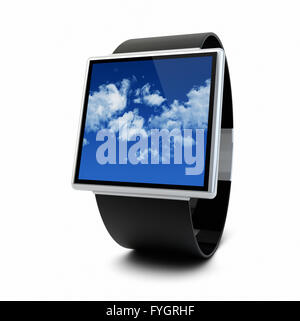 Creative modern wearable device technology concept: smat watch with clouds on the screen isolated on white background Stock Photo