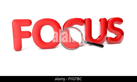 focus text with magnifiyng glass isolated on white background Stock Photo