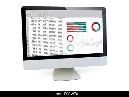 modern finances concept: render of a computer with spreadsheet on the screen isolated Stock Photo