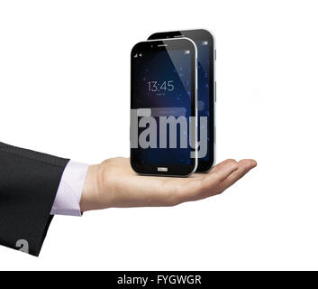 two smartphones with different sizes over a businessman hand Stock Photo