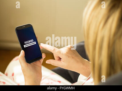 technology security concept: woman typing a password on a 3d generated touchscreen phone. All screen graphics made up. Stock Photo
