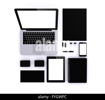 Black mock-up: business cards, laptop, smartphone, tablet, a4 sheet, brand book, notebook, pen and usb. Stock Photo