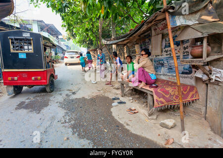 Side street at the Fruits and vegetables for sale in a street market in Myanmar (Burma) Stock Photo