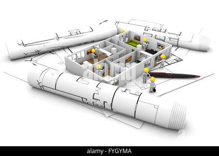 reforma and rehabilitation concept: workers on a house over plots and draws isolated on white Stock Photo