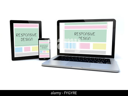 render of an smartphone, a tablet pc and a computer with a responsive design wireframe on the screen Stock Photo