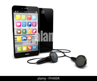 render of a smartphone and earphones Stock Photo