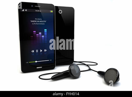 render of an original smartphone with a music app on the screen Stock Photo