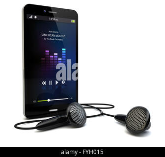render of a smartphone with a music app on the screen and earphones Stock Photo