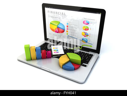 render of a laptop and a smartphone with financial app on the screen, and some graphs over the keyboard Stock Photo