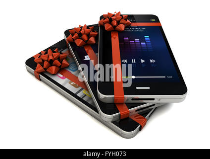 render of three smartphones with different screens and a ribbon Stock Photo