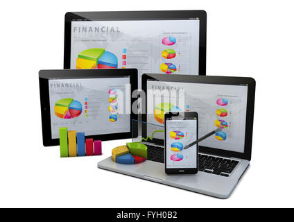 render of a group of devices with financial graphs Stock Photo