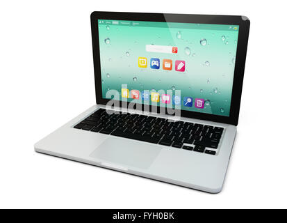 technology concept: modern black and metal glossy laptop or notebook with video game isolated on white background Stock Photo