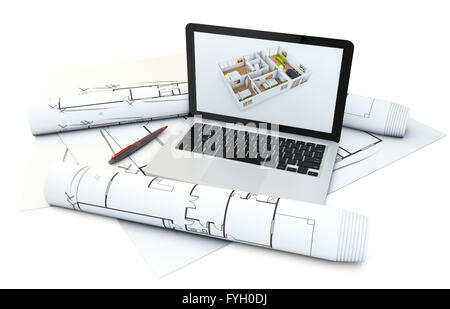 a laptop with house design software on the screen over plots and technical draws isolated on white background Stock Photo