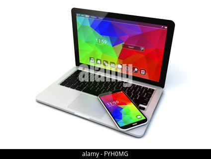 business chrome laptop and modern touchscreen smartphone with colorful application interfaces isolated on white background Stock Photo