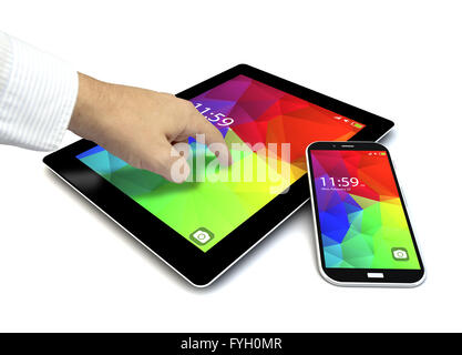 touchscreen tablet,  and smartphone with colorful interface with color icons and buttons and a hand touching the screen isolated Stock Photo