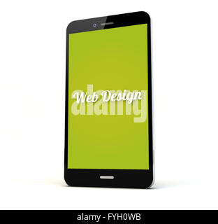 render of a phone with web design on the screen isolated. Screen graphics are made up. Stock Photo