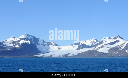 Blue sky and blue sea and the mountains and glaciers behind Bay of Isles. Bay of isles,  South Georgia. Stock Photo
