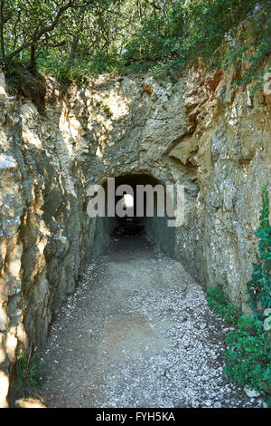 Water tunnel of the ancient Roman Aqueduct of the Pont du Gard which crosses the River Gardon near Vers-Pon-du-Ga Stock Photo