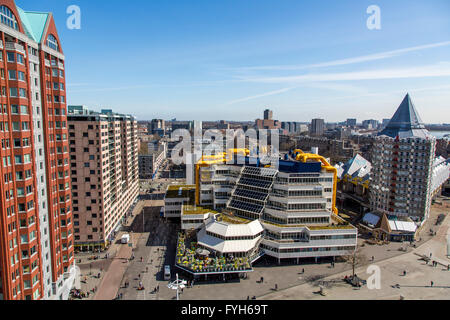 Downtown, skyline of Rotterdam, Blaak square cube residential buildings, and Kijk Kubus  houses in cube shape, Netherlands, Stock Photo