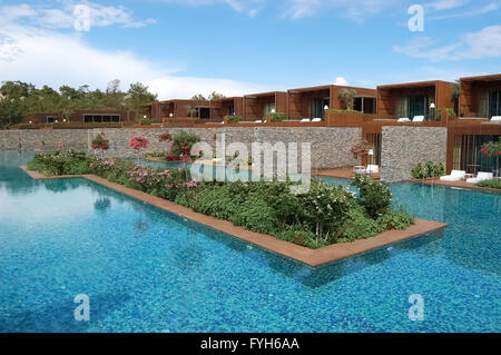 Kemer, ANTALYA, TURKEY - MAY 30, 2015: View of the pool and flowers in luxury hotel Maxx Royal, Turkey. Stock Photo