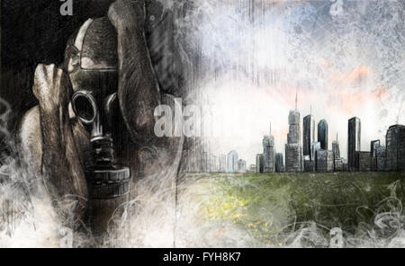 Environment illustration, man with gas mask over dirty city Stock Photo