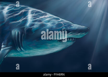 A white shark swimming along underwater illustration, digital tablet Stock Photo