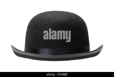 Black Bowler Hat Front View Cut Out on White Background. Stock Photo