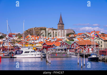 Overlooking the waterfront and the church of the fishing village of Fjallbacka in Bohuslan county, Sweden. Stock Photo