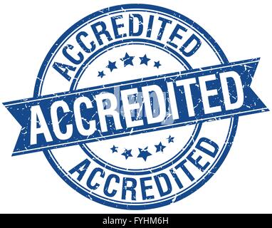 accredited grunge retro blue isolated ribbon stamp Stock Vector