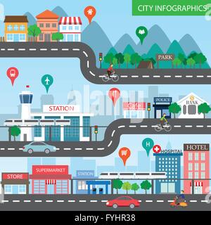 city infographics background and elements, there are village, building, road, park, transportation, Can be used for web design,  Stock Vector