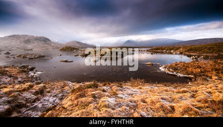 Lochan na h-Achlaise on Rannoch Moor, a vast peat bog in the Scottish Highlands, frozen and frost-covered on a winter afternoon. Stock Photo