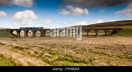 A Northern Rail Class 158 diesel passenger train crossing Dandry Mire Viaduct on the Settle-Carlisle Railway in Yorkshire. Stock Photo