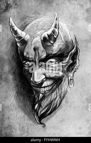 tattoo devil, illustration, handmade draw over vintage paper Stock Photo