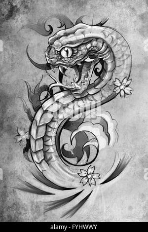 tattoo snake  illustration, handmade draw over vintage paper Stock Photo