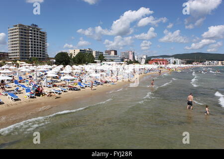 SUNNY BEACH, BULGARIA - AUGUST 29: People visit  Sunny Beach on August 29, 2014. Sunny Beach is the largest and most popular sea Stock Photo