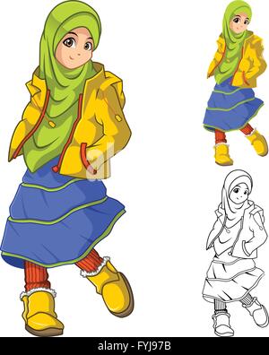 Muslim Girl Fashion Wearing Green Veil or Scarf with Yellow Jacket and Boots Include Flat Design and Outlined Version Stock Vector