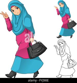 Muslim Girl Fashion Wearing Green Veil or Scarf with Holding a Black Bag and Dress Outfit Include Flat Design and Outlined Stock Vector