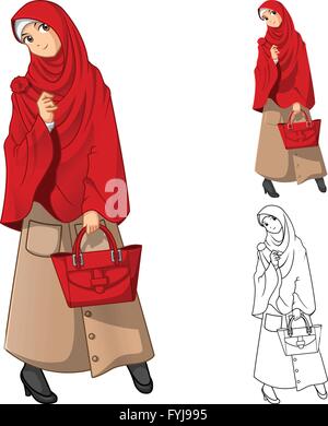 Muslim Woman Fashion Wearing Red Veil or Scarf with Holding a Bag Include Flat Design and Outlined Version Cartoon Character Stock Vector