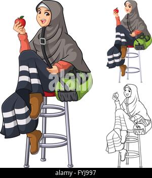 Muslim Woman Fashion Wearing Veil or Scarf with Sit Pose and Holding an Apple and Green Bag in Her Arms Stock Vector
