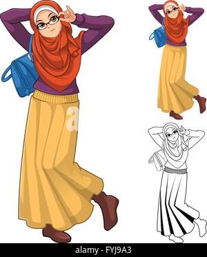 Muslim Woman Fashion Wearing Orange Veil or Scarf with Blue Bag and Skirt Outfit Include Flat Design and Outlined Version Stock Vector