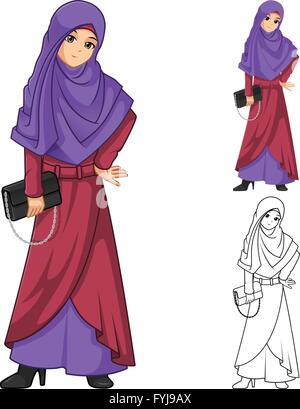Muslim Woman Fashion Wearing Purple Veil or Scarf with Holding a Black Handbag Include Flat Design and Outlined Version Stock Vector