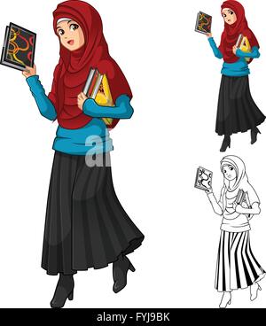 Muslim Woman Fashion Wearing Red Veil or Scarf with Holding a Books Include Flat Design and Outlined Version Cartoon Character Stock Vector