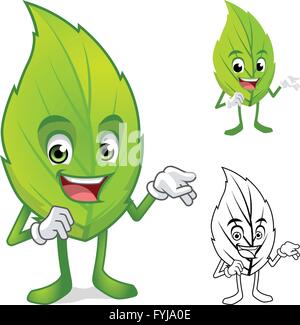 Leaf Mascot with Present Hand Cartoon Character Include with Flat Design and Outlined Version Vector Illustration Stock Vector