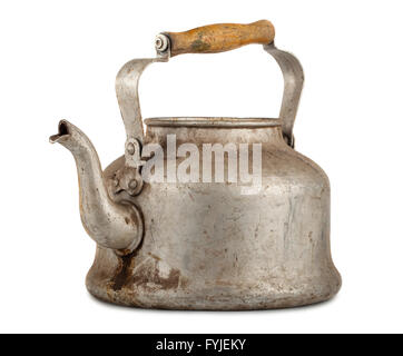 Old aluminum kettle with wooden handle Stock Photo