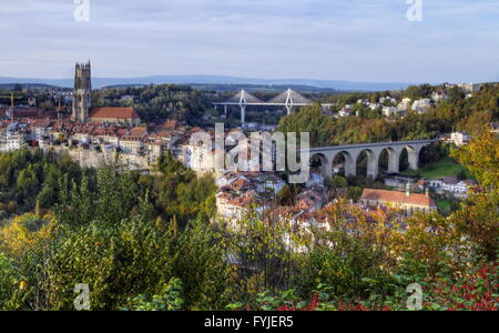 View of cathedral, Poya and Zaehringen bridge, Fribourg, Switzerland, HDR Stock Photo