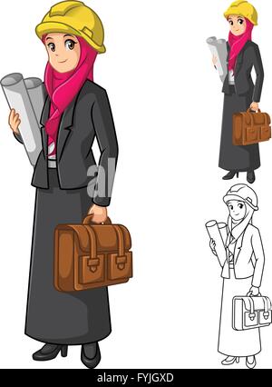 Muslim Businesswoman Architect Wearing Pink Veil or Scarf with Holding Briefcase Cartoon Character Vector Illustration Stock Vector