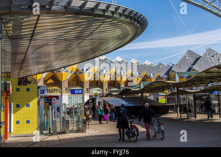 Downtown, skyline of Rotterdam, Blaak square cube residential buildings, and Kiik Kubus houses in cube shape, Netherlands, Stock Photo